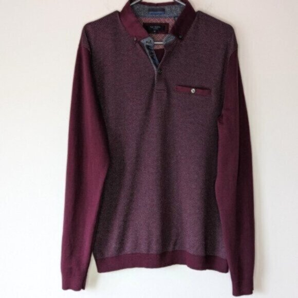 Ted Baker red burgundy long sleeve knit collared sweater - Picture 1 of 8